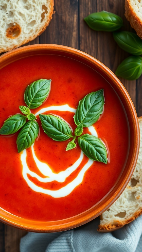 Classic Tomato Basil Soup Recipe A bowl of tomato basil soup garnished with basil and cream, served with crusty bread on a rustic table.